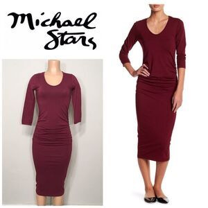 Burgundy ruched midi dress. NWOT